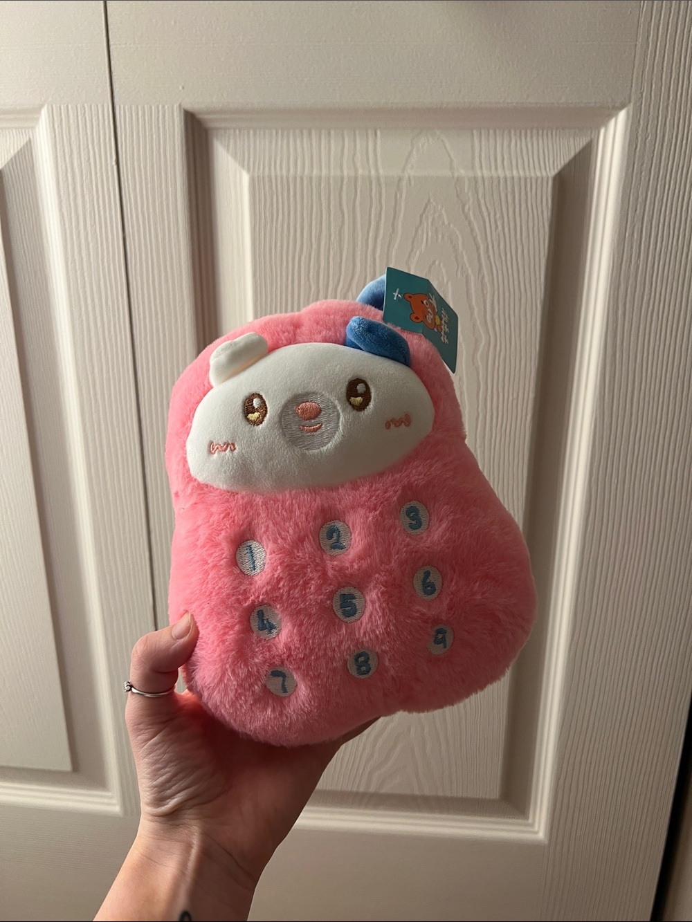 Pink Plush Phone Toy with Cute Bear Face